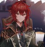  1boy artist_name bangs bishounen black_gloves closed_mouth commentary_request diluc_(genshin_impact) formal genshin_impact glass_bottle gloves kanji long_hair looking_at_viewer male_focus necktie red_eyes redhead simple_background smile solo suit translated ueauwa upper_body 
