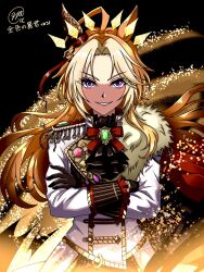  ahoge animal_ears ascot black_ascot black_gloves blush bow cape commentary_request crossed_arms crown ear_covers epaulettes fur_trim gem gloves gracia_san_dayo green_gem grin highres horse_ears horse_girl jacket long_hair long_sleeves looking_at_viewer multicolored_hair open_mouth orange_hair orfevre_(control)_(umamusume) orfevre_(umamusume) red_bow red_cape single_ear_cover smile teeth two-tone_hair umamusume violet_eyes white_hair white_jacket 