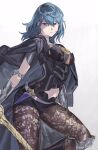  1girl blue_eyes blue_hair boots byleth_(fire_emblem) byleth_eisner_(female) cape clothing_cutout dagger fire_emblem fire_emblem:_three_houses gradient gradient_background hashibiro_kou_(garapiko_p) highres holding holding_sword holding_weapon knee_guards knife navel navel_cutout pantyhose sword sword_of_the_creator weapon 