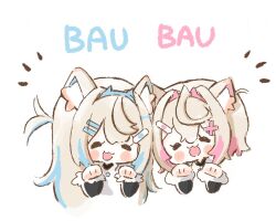  2girls :3 animal_ears bandaid bandaid_hair_ornament blonde_hair blush_stickers chibi chibi_only commentary cropped_torso dog_ears dog_girl english_commentary english_text fake_horns fuwawa_abyssgard hair_ornament hairclip hololive hololive_english horns long_hair looking_at_viewer mococo_abyssgard multicolored_hair multiple_girls parallel_hairclips paw_pose saisasae short_hair siblings simple_background sisters streaked_hair twins white_background x_hair_ornament 