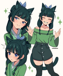  1girl :3 ^^^ absurdres animal_ear_fluff animal_ears aoqun artist_name bandaged_arm bandages bare_shoulders beads black_skirt black_tail black_thighhighs blue_eyes blue_ribbon blunt_bangs blush buttons cat_ears cat_girl cat_tail chinese_clothes closed_eyes closed_mouth collarbone commentary contemporary cremanata english_commentary feet_out_of_frame freckles green_hair green_hanfu green_robe green_shirt grin hair_beads hair_ornament hair_ribbon half_updo hands_up hanfu head_tilt highres kemonomimi_mode kusuriya_no_hitorigoto long_hair long_sleeves looking_at_viewer looking_to_the_side maomao_(kusuriya_no_hitorigoto) multiple_views off-shoulder_shirt off_shoulder open_mouth parted_lips pocket raised_eyebrows raised_inner_eyebrows ribbon robe shirt shirt_tucked_in simple_background skindentation skirt smile sparkle standing tail thigh-highs twintails upper_body white_background wide_sleeves zettai_ryouiki 
