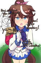 animal_ears ascot asymmetrical_gloves blush bow brown_hair ear_bow ear_ribbon eating english_commentary epaulettes food_in_mouth gloves hair_between_eyes high_ponytail highres horse_ears horse_girl horse_tail lightningrook looking_at_viewer mismatched_gloves multicolored_hair oguri_cap_(umamusume) open_mouth own_hands_together pink_ascot ponytail simple_background single_epaulette single_hair_streak streaked_hair tail tokai_teio_(umamusume) two-tone_skirt umamusume white_streaks 