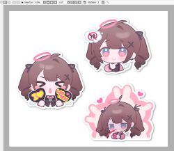  >_< 1girl art_program_in_frame black_bow black_bowtie blonde_hair blood blunt_bangs blush_stickers bow bowtie chibi chibi_only closed_eyes closed_mouth commentary cropped_torso eyeamaisu hair_ornament halo holding holding_sign long_hair long_sleeves multiple_views nosebleed open_mouth original outline pink_eyes pink_halo pink_shirt shirt sign simple_background single_hair_intake twintails untranslatable_commentary white_background white_outline x_hair_ornament 