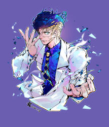 aqua_eyes black_hair black_necktie blonde_hair blue_shirt collared_shirt commentary diamond_wa_kudakenai english_commentary fingernails highres jacket jojo_no_kimyou_na_bouken kawajiri_kosaku kira_yoshikage long_sleeves looking_at_viewer male_focus multicolored_hair necktie outstretched_arms purple_background sherytan shirt signature simple_background solo spread_arms suit suit_jacket transformation two-tone_hair white_jacket 
