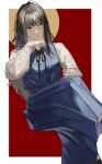  1girl absurdres bangs black_ribbon blue_skirt border chainsaw_man closed_mouth cross_scar feet_out_of_frame grey_hair hand_on_own_chin hand_on_own_knee hanny_(uirusu_chan) highres long_hair long_skirt long_sleeves looking_to_the_side mitaka_asa red_background red_eyes ribbon ringed_eyes scar scar_on_cheek scar_on_face school_uniform shirt sitting skirt smile solo two-tone_background war_devil_(chainsaw_man) white_border yellow_background 