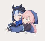  2girls arknights bangs blue_eyes blue_hair blue_poison_(arknights) blush closed_mouth dailybloopy glaucus_(arknights) hood hood_up hooded_jacket hug jacket long_sleeves looking_at_another low_twintails multicolored_hair multiple_girls one_eye_closed pink_hair streaked_hair twintails 