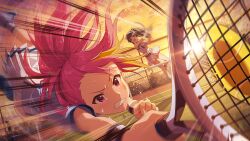  2girls ball blonde_streaks card_commentary clenched_teeth commentary_request dutch_angle emphasis_lines evening game_asset holding holding_tennis_racket idolmaster idolmaster_million_live! idolmaster_million_live!_theater_days maihama_ayumu miniskirt mogami_shizuka motion_blur multicolored_hair multiple_girls official_art outdoors pink_eyes pink_hair playing_sports pleated_skirt ponytail racket shoes skirt sneakers streaked_hair sweat sweatband teeth tennis tennis_ball tennis_racket third-party_source v-shaped_eyebrows white_skirt wristband 