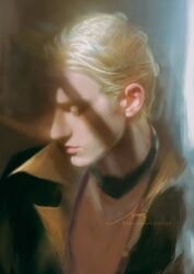  1boy artist_name black_choker black_jacket blonde_hair choker closed_eyes closed_mouth commentary eyelashes highres jacket jewelry jojo_no_kimyou_na_bouken jomijjd lips male_focus necklace nose popped_collar prosciutto_(jojo) shadow shirt short_hair signature solo untranslatable_commentary upper_body vento_aureo web_address yellow_shirt 