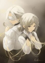  2girls absurdres ascot back-to-back black_pants black_skirt black_vest blindfold covered_eyes dores_(reverse:1999) farrelarda64085 grey_background grey_eyes grey_hair hair_bun hand_up hands_up highres holding holding_string looking_down multiple_girls pants reverse:1999 shirt short_hair single_side_bun skirt smile string turning_head upper_body urd_(reverse:1999) vertin_(reverse:1999) vest waistcoat white_ascot white_shirt 