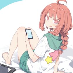  1girl ahoge arm_support barefoot bed_sheet blue_bow blush bow braid cellphone commentary_request feet from_behind green_hood green_shorts hair_bow highres holding holding_phone hood hood_down hoodie knees_up long_hair looking_at_viewer on_bed open_mouth phone red_eyes red_hair short_shorts short_sleeves shorts sidelocks simple_background single_braid sitting smartphone snack_nili solo thighs tor_(snack_nili) totomono turning_head white_background white_hoodie 
