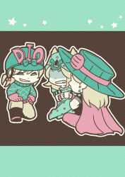  3boys absurdres aqua_bow aqua_hat aqua_helmet aqua_hoodie aqua_pants aqua_sweater argyle_clothes argyle_sweater arm_warmers black_boots black_shirt blonde_hair boots bow cape chibi chibi_only clenched_teeth commentary commentary_request cowboy_boots cowboy_hat cup diego_brando gloves grey_pants grin gyro_zeppeli hat hat_bow helmet highres holding holding_cup hood hood_down hoodie horseshoe_hat_ornament horseshoe_ornament johnny_joestar jojo_no_kimyou_na_bouken kneeling limited_palette long_hair m_a_a_m_8 male_focus medium_hair mug multiple_boys pants pink_arm_warmers pink_cape pink_gloves pink_pants shaded_face shirt smile spurs star_(symbol) star_print steel_ball_run sweater teeth turtleneck turtleneck_sweater 