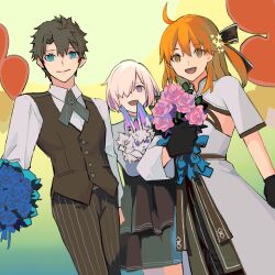  1058hoshi 1boy 2girls balloon blue_eyes blue_flower blue_rose bouquet brown_pants brown_vest commentary_request dress fate/grand_order fate_(series) flower fou_(fate) fujimaru_ritsuka_(female) fujimaru_ritsuka_(male) hair_over_one_eye heart_balloon highres holding holding_bouquet looking_at_viewer mash_kyrielight multiple_girls open_mouth orange_hair pants rose smile striped_clothes striped_pants vest white_dress 