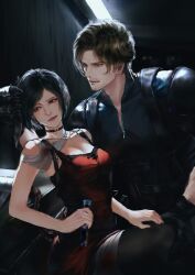  ada_wong bandaged_leg bandages beard_stubble black_gloves black_hair blue_eyes bob_cut brown_eyes brown_hair collar dress facial_hair gloves hand_on_own_leg highres holding holding_vial knee_up leon_s._kennedy looking_at_another outuqiuqiu0317 red_dress resident_evil resident_evil_2 resident_evil_requiem short_hair smile stubble vial 