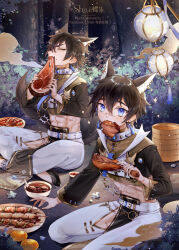  2boys abs animal_ear_earrings animal_ear_fluff animal_ears artist_name bamboo_steamer belt black_jacket black_nails black_shoes blue_eyes blue_gem bowl brown_hair bush chain chicken_(food) chicken_leg chinese_clothes chinese_food closed_eyes clothing_cutout collar cropped_jacket dual_persona earrings eating facebook_username fangs fingernails flats flower food food_on_face forest fruit garu_(nu_carnival) gem gold_chain hair_between_eyes highres holding holding_food indian_style jacket jewelry karu_(nu_carnival) kneeling lantern light_blush light_particles long_sleeves looking_at_viewer male_focus meat midriff mouth_hold multiple_boys nature nu_carnival official_alternate_costume outdoors pankou pants paper_lantern pelvic_curtain persimmon plate plurk_username reaching scar scar_on_face scar_on_nose shaiichu sharp_fingernails shoes short_hair sitting skewer soup sparkle spiked_collar spikes steak tail tassel tassel_earrings thigh_cutout tile_floor tiles tree upturned_eyes v-shaped_eyebrows white_belt white_pants wolf_boy wolf_ears wolf_tail 