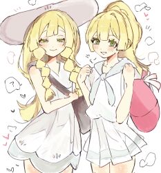  1girl ? bag blonde_hair blush blush_stickers braid chamopichamo clenched_hand collarbone commentary_request cowboy_shot dress dual_persona green_eyes heart highres lillie_(pokemon) long_hair looking_at_viewer official_alternate_costume official_alternate_hairstyle pleated_skirt pokemon pokemon_sun_and_moon ponytail sailor_collar shirt shoulder_bag skirt smile spoken_heart twin_braids white_background white_dress white_shirt white_skirt 