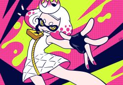  1girl absurdres black_gloves blunt_bangs bright_pupils commentary cross-shaped_pupils crown dress fingerless_gloves fingernails foreshortening gloves grin highres inkling mole mole_under_mouth multicolored_hair nail_polish outstretched_arms pearl_(off_the_hook_outfit)_(splatoon) pearl_(splatoon) pink_hair pink_nails short_hair signature sleeveless sleeveless_dress smile solo splatoon_(series) splatoon_2 spread_arms symbol-shaped_pupils teeth tentacle_hair thick_eyebrows two-tone_hair user_jazz4252 white_dress white_hair white_pupils yellow_eyes zipper 
