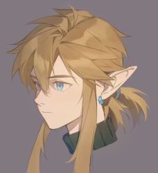  1boy bishounen black_shirt blonde_hair blue_eyes closed_mouth commentary hair_between_eyes hair_intakes link long_pointy_ears male_focus parted_hair pointy_ears ponytail shirt short_ponytail solo the_legend_of_zelda turtleneck yuemianning 
