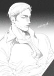  1boy arm_hair chest_hair closed_mouth erwin_smith greyscale kanapy male_focus monochrome open_clothes open_shirt pectoral_cleavage pectorals shingeki_no_kyojin shirt signature simple_background solo symbol-only_commentary thick_eyebrows upper_body 
