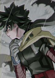  1boy absurdres adjusting_cape belt belt_pouch blurry blurry_background bodysuit boku_no_hero_academia cape cape_grab chromatic_aberration closed_mouth clothes_grab commentary_request depth_of_field dutch_angle floating_cape freckles from_side gloves green_bodysuit green_hair grey_gloves grey_mask grey_sky hand_up heavy_chromatic_aberration highres looking_at_viewer looking_to_the_side male_focus mask mask_around_neck midoriya_izuku mori_dosukoi mouth_mask partial_commentary pouch profile rain red_belt short_hair sideways_glance sideways_mouth sky solo torn_clothes torn_sleeves upper_body water_drop wind yellow_cape 