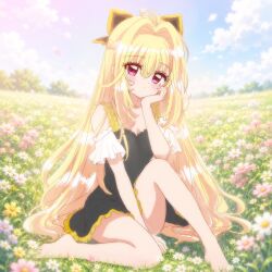  1girl barefoot biwako_(biwa27) black_dress blonde_hair bow commentary_request cure_arcana_shadow day dress expressionless flower grass hair_bow highres long_hair looking_at_viewer meitantei_precure! moria_luluka outdoors pink_eyes precure sitting sky sleeveless sleeveless_dress solo very_long_hair 