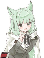  1girl :d arknights black_ribbon blush breasts cape collared_shirt commentary fang finger_to_cheek green_eyes green_hair grey_sweater_vest harmonie_(arknights) highres hotorina long_hair looking_at_viewer medium_breasts neck_ribbon one-hour_drawing_challenge open_mouth ribbon shirt simple_background skin_fang smile solo sweater_vest upper_body very_long_hair white_background white_cape white_shirt 
