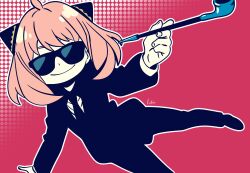  1girl absurdres ahoge alternate_costume anya_(spy_x_family) black-framed_eyewear black_suit child closed_mouth commentary fingernails hair_ornament highres holding holding_smoking_pipe long_sleeves medium_hair outline pink_background pink_hair signature smile smoking_pipe solo spy_x_family suit sunglasses user_jazz4252 white_outline 