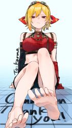  1girl bare_legs barefoot blonde_hair breasts feet highres hololive hololive_indonesia kaela_kovalskia long_hair looking_at_viewer red_eyes smile soles solo toes virtual_youtuber yori_171018 