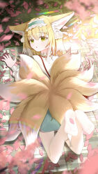  1girl absurdres animal_ears arknights blonde_hair chinese_commentary commentary_request flyshadow fox_ears fox_girl fox_tail frilled_hairband frills green_eyes hairband highres kitsune kyuubi looking_at_viewer lying multiple_tails no_shoes official_alternate_costume on_stomach pantyhose skirt soles solo suzuran_(arknights) suzuran_(spring_praise)_(arknights) tail white_pantyhose 