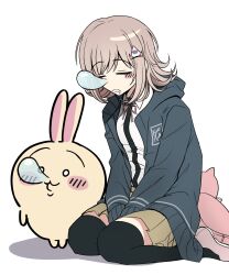  1girl animal_bag bag blush blush_stickers brown_hair brown_skirt cat_bag collared_shirt commentary_request danganronpa_(series) danganronpa_2:_goodbye_despair flipped_hair frown hair_ornament highres hood jacket kmnm_1403 long_sleeves medium_hair nanami_chiaki neck_ribbon open_clothes open_jacket pink_bag pink_eyes pink_ribbon pink_shoes pleated_skirt ribbon shirt shoes simple_background skirt solo thigh-highs two-tone_shirt white_background white_shirt 