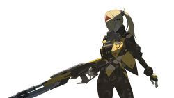  1010kman 1girl absurdres blonde_hair commentary fingerless_gloves gloves gun high_ponytail highres holding holding_gun holding_weapon load_bearing_vest long_hair looking_to_the_side navel ponytail rifle solo trigger_(zenless_zone_zero) trigger_discipline weapon white_background zenless_zone_zero 