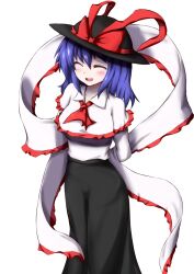  1girl arms_behind_back black_hat black_skirt blush breasts closed_eyes commentary_request frilled_shawl frills hat hat_ribbon highres krace long_skirt medium_breasts nagae_iku open_mouth red_ribbon ribbon shawl simple_background skirt solo standing touhou transparent_background variant_set white_shawl 