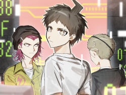  3boys absurdres ahoge black_hat black_jacket blonde_hair braid chuan_(oc7uyge8hu6865) closed_mouth danganronpa_(series) danganronpa_2:_goodbye_despair eyepatch grey_shirt hat highres hinata_hajime jacket jumpsuit kuzuryu_fuyuhiko looking_at_viewer male_focus multiple_boys pink_hair shirt short_hair short_sleeves soda_kazuichi sparkling_eyes striped_clothes striped_jacket upper_body white_shirt yellow_jumpsuit 