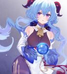  1girl ahoge bangs bare_shoulders bell blue_gloves blue_hair blush bow breasts detached_sleeves ganyu_(genshin_impact) genshin_impact gloves gold_trim highres horns long_hair looking_at_viewer medium_breasts neck_bell orb parted_lips sidelocks solo thighlet violet_eyes white_sleeves wu_lu_(itsuka) 