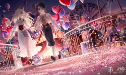  1boy 1girl ada_mesmer ada_mesmer_(layla) aircraft artist_request balloon black_hair blonde_hair commentary_request dress dutch_angle emil_(identity_v) emil_(majnun)_(identity_v) ferris_wheel hat heart_balloon high_heels highres holding_hands hot_air_balloon identity_v official_art petals roller_coaster smile star_balloon tree 