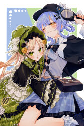  2girls :3 :o absurdres black_bow black_capelet black_flower black_hat black_rose black_shoes blonde_hair blue_hair blue_skirt bonnet bow braid braided_hair_rings capelet closed_mouth commentary_request corrupted_twitter_file deerstalker detective dress flower green_bonnet green_dress green_eyes grey_vest hair_rings hat highres holding holding_magnifying_glass hug long_hair long_sleeves looking_at_viewer magnifying_glass mahou_shoujo_no_majo_saiban multiple_girls one_eye_closed open_mouth rose shoes short_hair skirt smile socks tachibana_sherry taimu_(htrgt_31) tono_hanna twintails vest white_socks yellow_eyes yellow_flower yellow_rose 