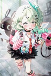  1girl arm_warmers bangboo_(zenless_zone_zero) black_choker black_skirt choker collared_shirt commentary_request earrings green_eyes green_hair green_nails hair_ornament hairclip highres jewelry leg_warmers megaphone musical_note_earrings nayul_illust necktie open_mouth outdoors pink_nails red_necktie shirt single_thighhigh skirt solo striped_arm_warmers striped_leg_warmers sunna_(zenless_zone_zero) thigh-highs torn_clothes torn_thighhighs virtual_pet_(toy) white_shirt white_thighhighs zenless_zone_zero 