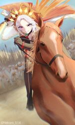  1girl ahoge animal_ears armor ascot black_ascot black_boots black_gloves black_thighhighs boots commentary_request creature_and_personification ear_covers gem gloves green_gem helmet highres holding holding_reins holding_sword holding_weapon horse horse_ears horse_girl horseback_riding jacket long_hair long_sleeves looking_at_viewer multicolored_hair multiple_others nekoni_514 orange_hair orfevre_(control)_(umamusume) orfevre_(racehorse) orfevre_(umamusume) outdoors personification polearm real_life reins riding single_ear_cover smile soldier sword thigh-highs umamusume violet_eyes weapon white_hair white_jacket 