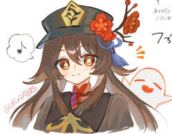  1girl 1other bead_bracelet beads black_hat black_nails bracelet chinese_clothes coattails flower flower-shaped_pupils genshin_impact ghost ghost_pose hat hat_flower hat_tassel hu_tao_(genshin_impact) jewelry multiple_rings nanase_sato oekaki paint_chat_(medium) plum_blossoms porkpie_hat ring symbol-shaped_pupils tailcoat 