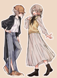  1girl alternate_costume baseball_cap boots brown_hair commentary_request hasumi_leia hat highres long_skirt looking_at_viewer mahou_shoujo_no_majo_saiban medium_hair one_eye_closed open_mouth skirt smile taimu_(htrgt_31) yellow_background yellow_eyes 