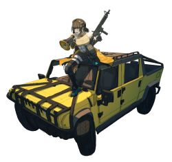  1010kman 1girl absurdres black_hair car colt_9mm_smg girls'_frontline_2:_exilium girls_frontline gun heterochromia highres holding holding_gun holding_weapon hummer low_ponytail microphone motor_vehicle on_car ponytail ro635_(girls'_frontline) robella_(girls'_frontline_2) sitting sitting_on_object solo submachine_gun transparent_background weapon 
