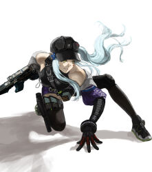  1010kman 1girl assault_rifle black_gloves black_thighhighs elbow_gloves girls'_frontline_2:_exilium girls_frontline gloves goggles goggles_on_headwear gun h&amp;k_hk416 highres hk416_(girls'_frontline) holding holding_gun holding_weapon klukai_(girls'_frontline_2) long_hair rifle solo thigh-highs weapon yellow_eyes 