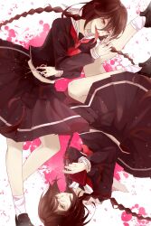  2girls black_shoes blood blood_splatter book braid brown_hair closed_mouth collared_shirt commentary_request danganronpa:_trigger_happy_havoc danganronpa_(series) dual_persona fukawa_toko genocider_sho glasses grey_eyes highres holding holding_book holding_scissors holding_weapon long_hair long_sleeves long_tongue multiple_girls neckerchief open_mouth pink_blood purple_serafuku purple_shirt purple_skirt red_eyes red_neckerchief round_eyewear sailor_collar school_uniform scissors serafuku shirt shoes skirt skirt_set socks teeth tongue tongue_out twin_braids twintails upper_teeth_only weapon wensui white_background white_sailor_collar white_socks 