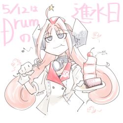  1girl bell cake character_name cherry coat collar commentary_request drum_(kancolle) eating food fork fruit garrison_cap gloves grey_eyes hair_rings happy_birthday hat headgear highres honketsu kantai_collection long_hair looking_up metal_collar neck_bell octopus pink_hair plate red_hat skull_print solo upper_body very_long_hair white_background white_coat white_gloves 