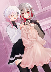  2girls absurdres alternate_costume bandaid bandaid_on_face black_choker black_dress black_thighhighs blush choker clothes_shop colored_inner_hair commentary_request dress embarrassed grey_hair hair_ornament highres holding holding_unworn_clothes holding_unworn_dress indoors jacket long_sleeves mahou_shoujo_no_majo_saiban multicolored_hair multiple_girls open_mouth pink_dress pink_hair red_eyes red_hair sakuraba_ema shito_alisa shopping short_hair smile standing taimu_(htrgt_31) thigh-highs trying_on_clothes unworn_dress white_hair white_jacket x_hair_ornament 