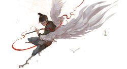  1girl absurdres bird_boy bird_legs black_shirt blue_pants bracelet chinese_commentary commentary_request evaaviva feathered_wings full_body gold_bracelet harpy_boy highres jewelry looking_to_the_side monster_boy original pants red_ribbon ribbon shirt short_hair simple_background solo white_background white_wings wings 