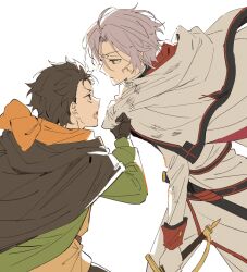  2boys arm_up black_cape black_gloves black_hair bruise bruise_on_face cape clothes_grab coat dutch_angle eye_contact gloves grey_background highres holding holding_sword holding_weapon injury julius_juukulius long_sleeves looking_at_another male_focus multiple_boys natsuki_subaru open_mouth pants parted_bangs purple_hair re:zero_kara_hajimeru_isekai_seikatsu red_eyes short_hair simple_background sleeve_cuffs sword toramaru_(696anna) weapon white_cape white_coat white_pants 