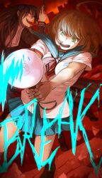  2girls absurdres ahoge black_shirt black_shoes black_skirt blue_sailor_collar blue_skirt breasts brown_hair building city commentary danganronpa_(series) danganronpa_another_episode:_ultra_despair_girls debris english_commentary english_text eye_trail fukawa_toko gehirnkaefer genocider_sho green_eyes highres holding holding_megaphone holding_scissors holding_weapon light_trail long_hair long_sleeves long_tongue megaphone multiple_girls naegi_komaru necktie open_mouth red_eyes red_necktie sailor_collar school_uniform scissors serafuku shirt shoes short_hair short_sleeves skirt smile teeth tongue tongue_out upper_teeth_only weapon white_sailor_collar white_shirt 