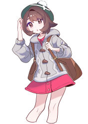  1girl absurdres bag brown_bag brown_eyes brown_hair cardigan dress gloria_(pokemon) green_hat grey_cardigan hat highres hood hooded_cardigan long_sleeves looking_at_viewer parted_lips pink_dress pokemon pokemon_sword_and_shield shocho_(shaojiujiu) short_hair simple_background tam_o'_shanter white_background 