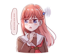  ... 1girl akihitohappy blue_eyes blush brown_dress commentary_request cropped_torso d: dress frown gloom_(expression) hand_up hasu_no_sora_school_uniform highres jitome kinjo_maika long_hair long_sleeves love_live! love_live!_hasu_no_sora_jogakuin_school_idol_club neckerchief open_mouth raised_inner_eyebrows red_hair red_neckerchief sailor_collar sailor_dress school_uniform simple_background solo split_mouth spoken_ellipsis upper_body white_background white_sailor_collar winter_uniform 