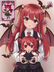  >:) 1girl ahoge artist_name bat_(animal) bat_wings black_pantyhose black_shoes black_skirt black_vest black_wings blush book bright_pupils buttons card character_doll character_name collared_shirt commentary cowboy_shot doll dot_nose dress_shirt embodiment_of_scarlet_devil english_commentary eyelashes frilled_skirt frills full_body fumo_(doll) hair_between_eyes head_tilt head_wings highres holding holding_book holding_doll koakuma long_hair long_sleeves looking_at_viewer necktie no_nose open_book pantyhose pentagram pink_theme puffy_short_sleeves puffy_sleeves red_eyes red_hair red_necktie shirt shoes short_sleeves sidelocks skirt skirt_set solo tarot tarot_card tloas touhou v-shaped_eyebrows vest wavy_mouth white_pupils white_shirt wings 